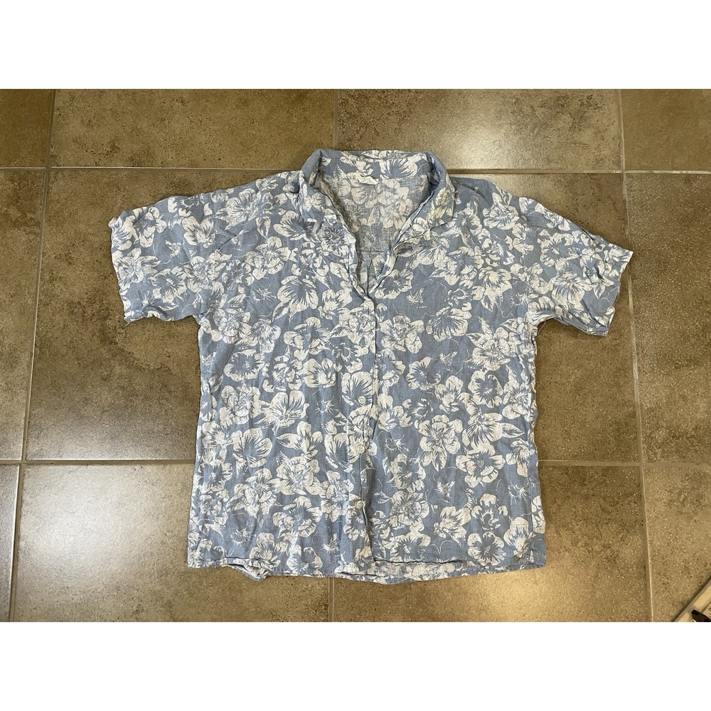 Cotton On Men's S Hawaiian Floral Button-Up Shirt Short Sleeve White Blue